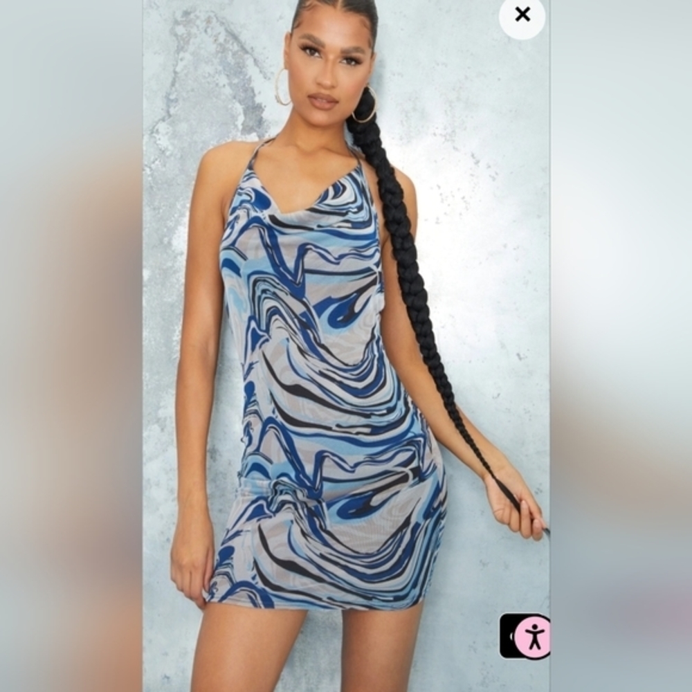 PrettyLittleThing NWT Blue Marble Print Mesh Halterneck Open Back Bodycon Dress